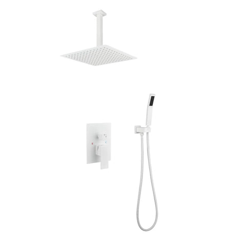 16" Rain Systems Wall Mounted Shower with white ceiling-mount rain showerhead and hand shower attachment.