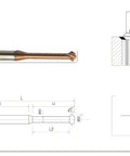 Technical drawing and image of AlTiN Coated Solid Carbide Micro Front And Back Chamfering Milling Cutter For 4mm Diameter, 50mm Length.