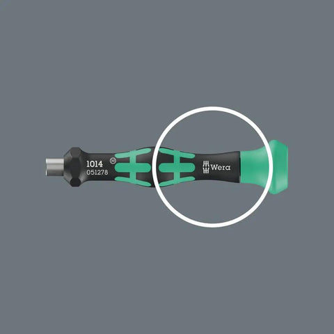 Micro Bitholding Screwdriver With 4 mm External Hex Drive, ergonomic handle, and anti-roll cap, shown from the side.