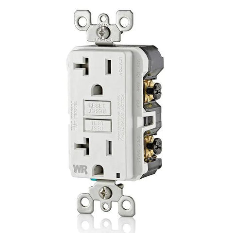 Killer Slim GFCI Weather And Tamper Resistant Outlet 20 Amp sleek design with dual outlets for home safety upgrades.