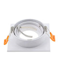 Two Pack Of Crisp White Square Recessed Lighting Trims With Angled Gu10 Downlight Housing And A Snug 3.07 Inch Ceiling Cutout showing trim and adjustable bracket.
