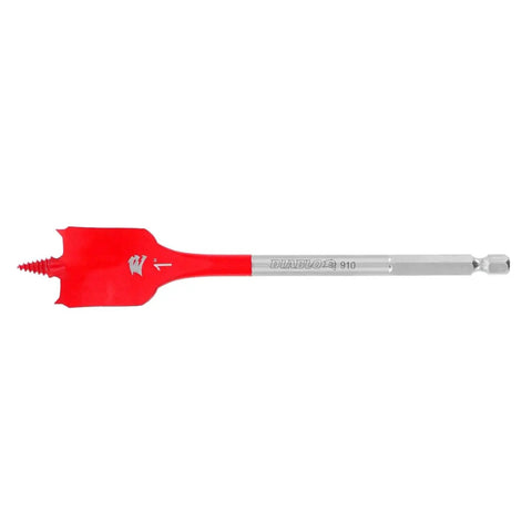 Two Pack Built Like A Tank Wood Spade Drill Bits Featuring Self Feeding Speed Tips And One Quarter Inch Hex Shank side view showing red spade bit.