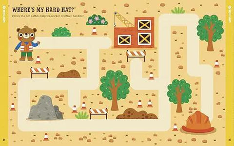 Page from Busy Preschool Builders Learn With Trucks Tools And Mighty Machines In A Fun Construction Site Activity Book For Kid Friendly Hands And Curious Minds Ages 3 To 5 showing maze with bear and hard hat.