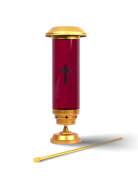 Solar Powered Cemetery Light In Red Aluminum With LED Memorial Lantern Spiked Outdoor Grave Lamp With Cross Design