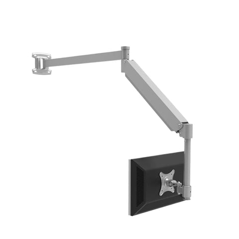 Heavy Duty Wall Mounted Monitor Arm Featuring Smooth Pneumatic Lift Bracket Provides Extra Long Reach, folded for compact storage.