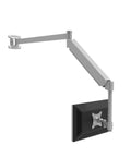 Top Shelf Wall Mount Monitor Arm With Extra Long Reach And Slick Air Pressure Hovering Lift Brackets shown with elegant silver arm.