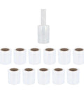 Clear Stretch Wrap Film Rolls With Built In Handles 5 Inch X 1000 Feet 45 Gauge Self Sealing Packing Film Goes On Smooth As Butter And Makes Securing Boxes A Real Breeze 12 Pack displayed with an extended handle for easy use.