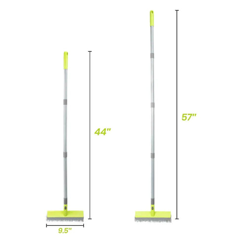 2 In 1 Floor Scrub Brush With Stiff Bristles And Integrated Squeegee, Long 57 Inch Handle for deep cleaning, brush extended and retracted