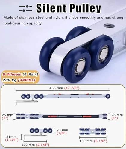 Close-up of soft close aluminum sliding door track kit silent pulley assembly with specifications, part of bypass barn door hardware.