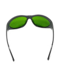 Heavy Duty Infrared Laser Safety Eyewear Providing Sweet Optical Density Ratings And Broad Waveband Coverage From Seven Forty To Eleven Hundred Nanometers with green lenses and wraparound design.