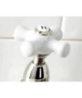Close-up of handle on Heritage Bridge Kitchen Faucet With Two Handles And Metal Side Sprayer, 8 Inch Center Spacing, Dope Polished Chrome.