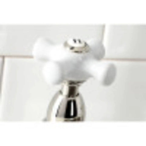 Close-up of handle on Heritage Bridge Kitchen Faucet With Two Handles And Metal Side Sprayer, 8 Inch Center Spacing, Dope Polished Chrome.