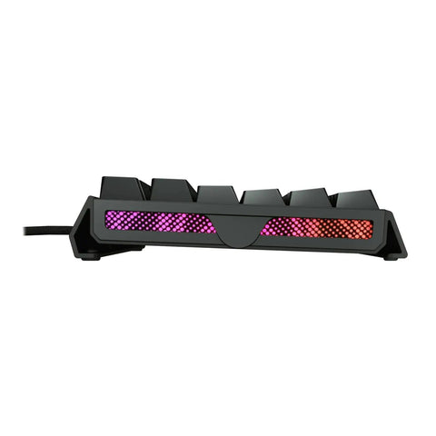Badass Wired Gaming Keyboard Featuring Rock Solid Aluminum Chassis And Ultra Smooth Mx2A Brown Switches For Next Level Action And Glowing RGB Backlighting In A Certified Renewed Bundle That Truly Slaps For Dedication, showing RGB lighting.