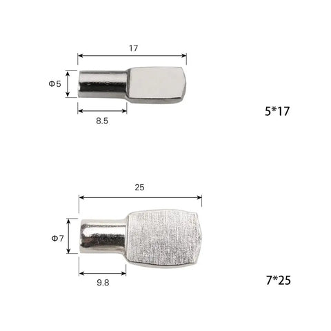 Dimensions of Heavy Duty Adjustable Cabinet Shelf Support Pins Removable Metal Pegs in Iron Nickel Color shown.