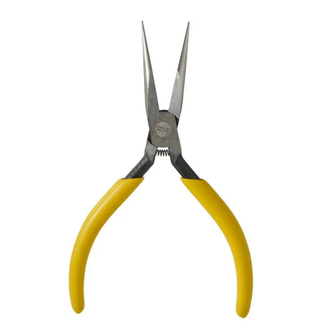 Slim Needle Nose Pliers With One Thirty Second Inch Point And Five Inch Length For Deep Reach, Knurled Jaws, Curved Handles, Made In USA