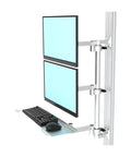 Heavy Duty Dual Monitor Arm Stand with two monitors mounted, sturdy industrial design for improved workspace setup.