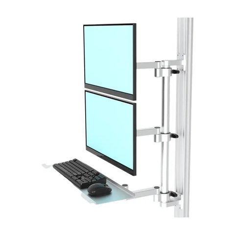 Heavy Duty Dual Monitor Arm Stand with two monitors mounted, sturdy industrial design for improved workspace setup.