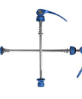 Blue aluminum alloy bicycle quick release skewers for 100mm front and 135mm rear axles, set of two, for fast wheel swaps.