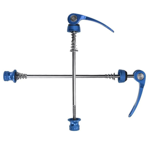 Blue aluminum alloy bicycle quick release skewers for 100mm front and 135mm rear axles, set of two, for fast wheel swaps.