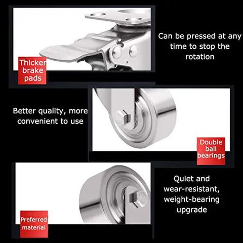 Premium Heavy Duty Stainless Steel Caster Wheels Roll Smooth With Quiet 40mm Casters For Workbench Furniture And Cabinet features thicker brake pads.