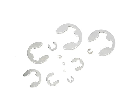 290 Piece E Clip Set Circlip Assortment Kit 304 Stainless Steel External C Clips for Shafts Sizes 1.2 to 15 Mm scattered view