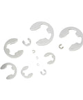 Assorted sizes of E Clip Set Circlip Washer Assortment Kit with 304 Stainless Steel Construction on a white background, 290 Piece External C Clips.