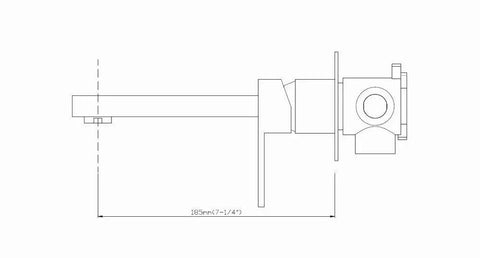Technical drawing of Wall Mount Vessel Sink Faucet In Chrome Solid Brass Finish With Rough In Valve Included Easy Diy Install Premium Quality Bathroom Spout For Modern Homes Rustic Chic Look, side view.