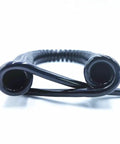 Heavy Duty Coiled Extension Cord That Snaps Back Quick Stretches Twelve Feet For Truck Beds And Workshops Delivers Reliable Three Core Power end view of flexible black coiled cord.