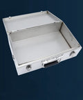 Open stainless steel tool box organizer kit with beefy handle, portable storage case for tools, easy access tool set, heavy duty.