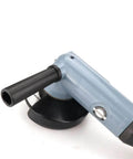 Badass 4 Inch Pneumatic Angle Grinder Featuring Stepless Speed Control And Smooth Front Exhaust Venting For Rock Solid Metal Polishing Sanding And Heavy Duty Workshop Projects close-up view of the handle and pad.
