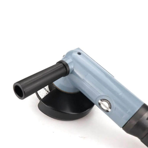 Badass 4 Inch Pneumatic Angle Grinder Featuring Stepless Speed Control And Smooth Front Exhaust Venting For Rock Solid Metal Polishing Sanding And Heavy Duty Workshop Projects close-up view of the handle and pad.