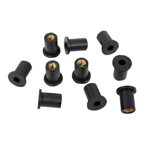 Heavy Duty Neoprene Flanged Expansion Nuts With Solid Brass Inserts Tough As Nails Shock Absorbing Fasteners For Blind Holes Metal Tubes Auto Grade 18 Pack collection of black rubber flanged nuts with brass inserts