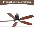 Size dimensions of Bayfeve 52-Inch Flush-Mount Ceiling Fan with Light (Black + Plywood), showing blade and mount measurements.