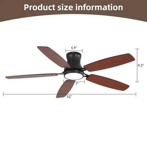 Size dimensions of Bayfeve 52-Inch Flush-Mount Ceiling Fan with Light (Black + Plywood), showing blade and mount measurements.