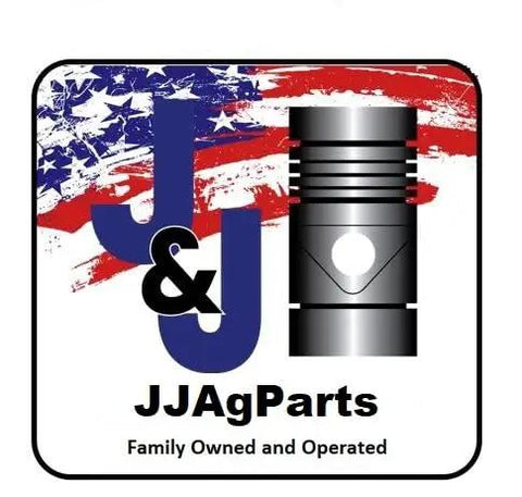 Logo of JJ Ag Parts featuring a piston graphic and American flag background, symbolizing quality farm equipment parts.