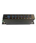 Industrial USB 3.0 7-Port Hub for DIN rail and panel mounts, showing seven ports, front view, 5Gbps fast data, 900mA per port power