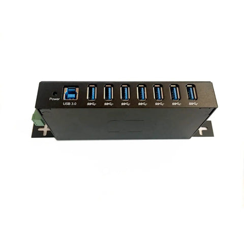 Industrial USB 3.0 7-Port Hub for DIN rail and panel mounts, showing seven ports, front view, 5Gbps fast data, 900mA per port power