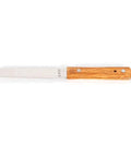 Stainless steel spatula with wooden handle on white background, featuring a flat blade and ergonomic grip for kitchen use.