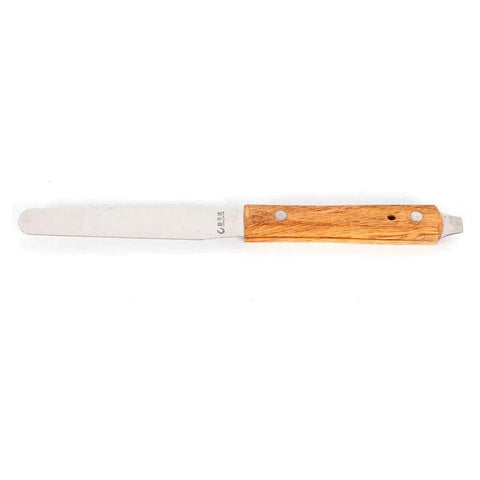 Stainless steel spatula with wooden handle on white background, featuring a flat blade and ergonomic grip for kitchen use.