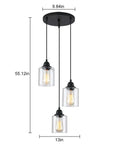 Three Light Industrial Pendant Light With Glass Shade Matte Black Finish Adjustable Height Hanging Fixture