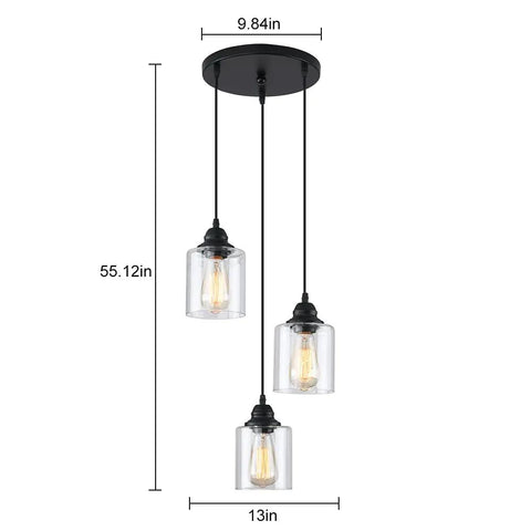 Three Light Industrial Pendant Light With Glass Shade Matte Black Finish Adjustable Height Hanging Fixture