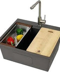 Heavy Duty Matte Black Stainless Steel Workstation Sink With Cutting Board Colander Grid Strainer And Clips Go-To Top Mount Drop In Single Bowl