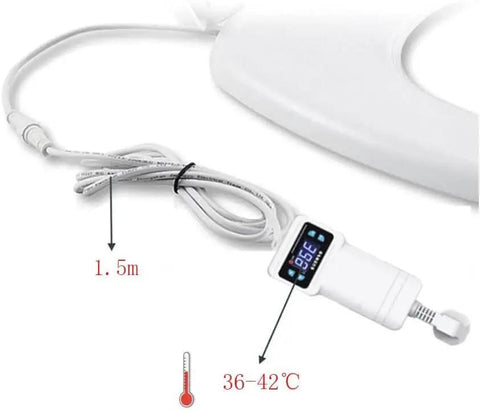 Slick Soft Close Heated Toilet Seat Featuring A Bright Digital Display And Precise Temperature Control For Ultimate Bath Chill And Frugal Energy Savings All Day Long, showcasing temperature control unit and cord.