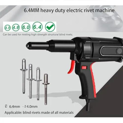 Heavy Duty Corded Electric Rivet Gun With Brushless Motor Six Hundred Watt Power Tool Kit For Four To Six Point Four Millimeter Rivets with attached blind rivets.