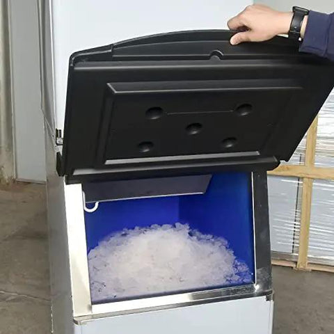 Heavy Duty Commercial Ice Maker Cranks Out 792 Lbs Of Chunky Granular Ice Daily With A Stacked 440 Lb Storage Bin Includes Automatic Water Filter And Scoop Ready For Kickin Parties At Busy Bars And Weekend Block Gatherings - Open storage bin showing fresh chunky ice.