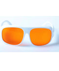 Front view of Premium Od5 Plus Laser Safety Glasses Featuring Snug Fit Frames Blocking Violet Blue And Green Beams From 266Nm Up To 540Nm CE EN207 Certified Work Ready Protective Goggles with orange tinted lenses.