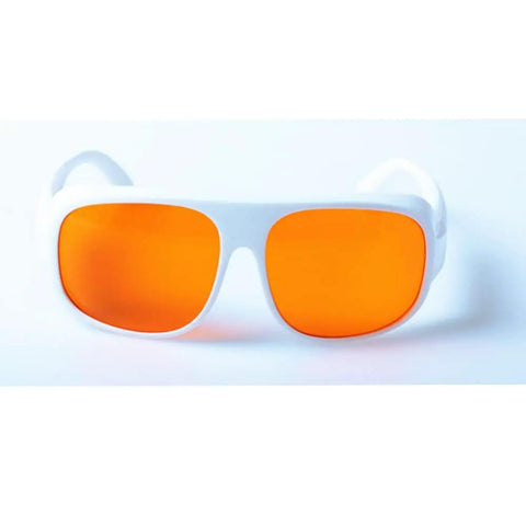Front view of Premium Od5 Plus Laser Safety Glasses Featuring Snug Fit Frames Blocking Violet Blue And Green Beams From 266Nm Up To 540Nm CE EN207 Certified Work Ready Protective Goggles with orange tinted lenses.