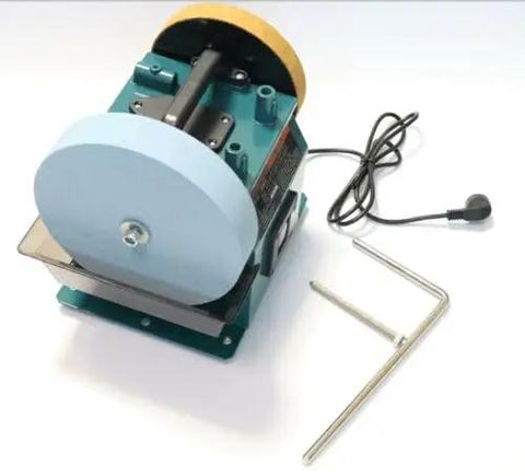 Heavy Duty 10 Inch Electric Knife Sharpener With Water Cooled Cooling System For Kitchen And Shop Use No Fuss Bench Grinder For 220V Direct Hookups showing blue grinding wheel.