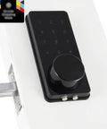 Built Tough Zinc Alloy Electronic Deadbolt Lock With A Slick Touchscreen Keypad Password Keyless Entry Setup on a door.