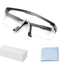 Anti Fog Safety Glasses With Clear Wraparound Lenses Scratch Resistant Eye Protection No Slip Grips Adjustable Temples Lab Goggles Style That Fits Over Most Specs, shown with a cleaning cloth and case.